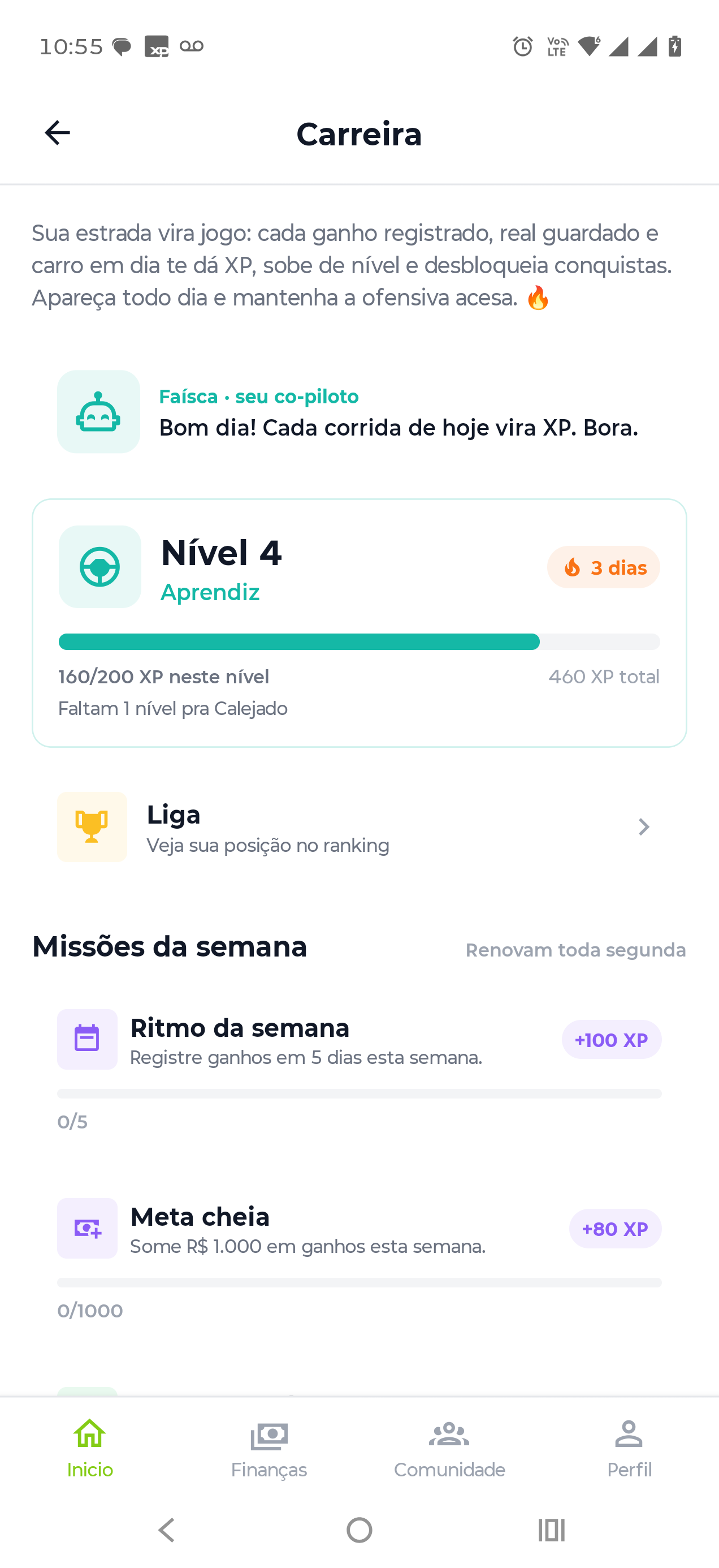 Tela do recurso Estrada (Carreira) no app Motorista ON