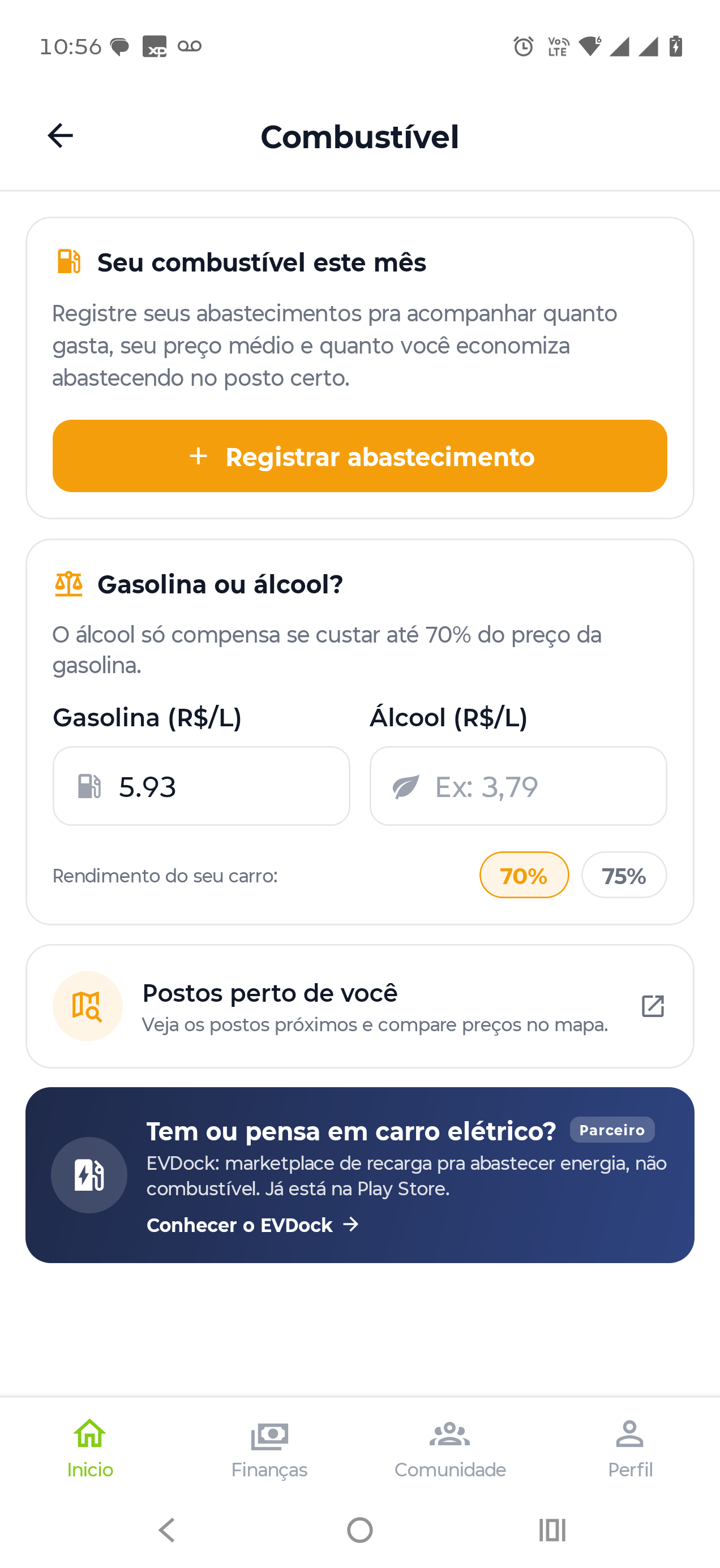 Tela do recurso Combustível Inteligente no app Motorista ON