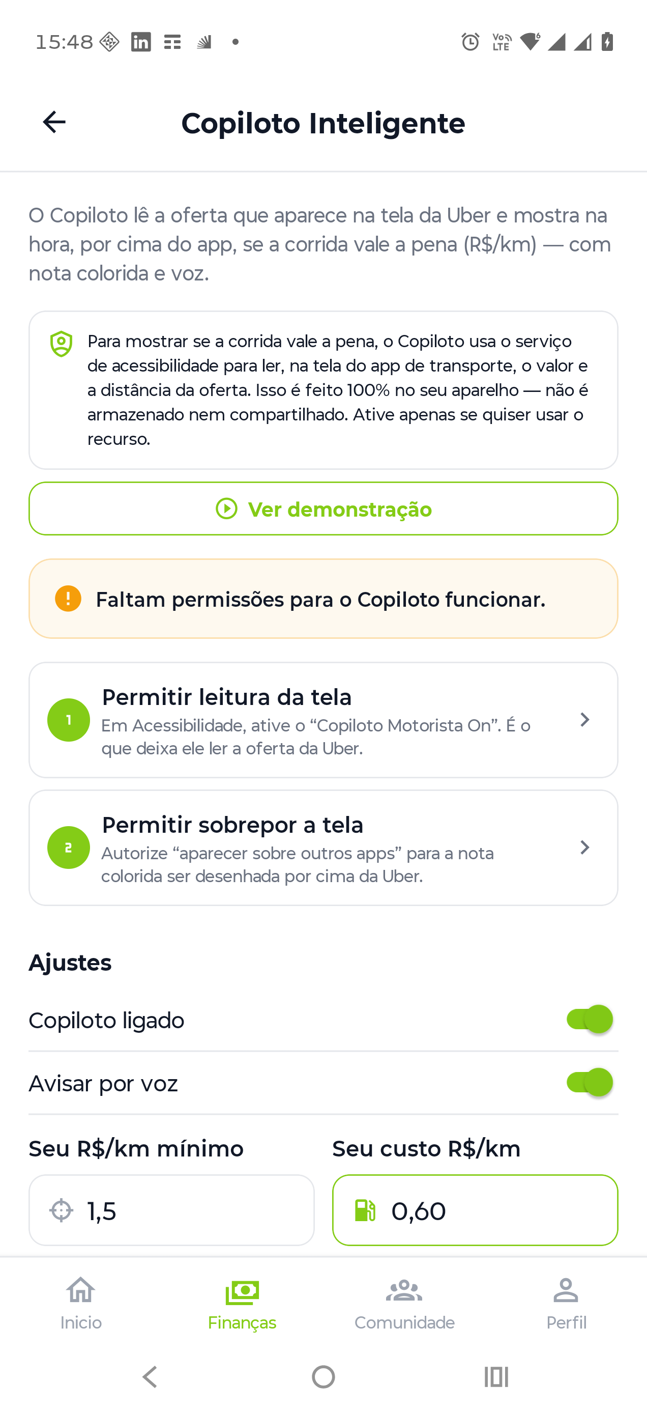 Tela do recurso Copiloto Inteligente no app Motorista ON