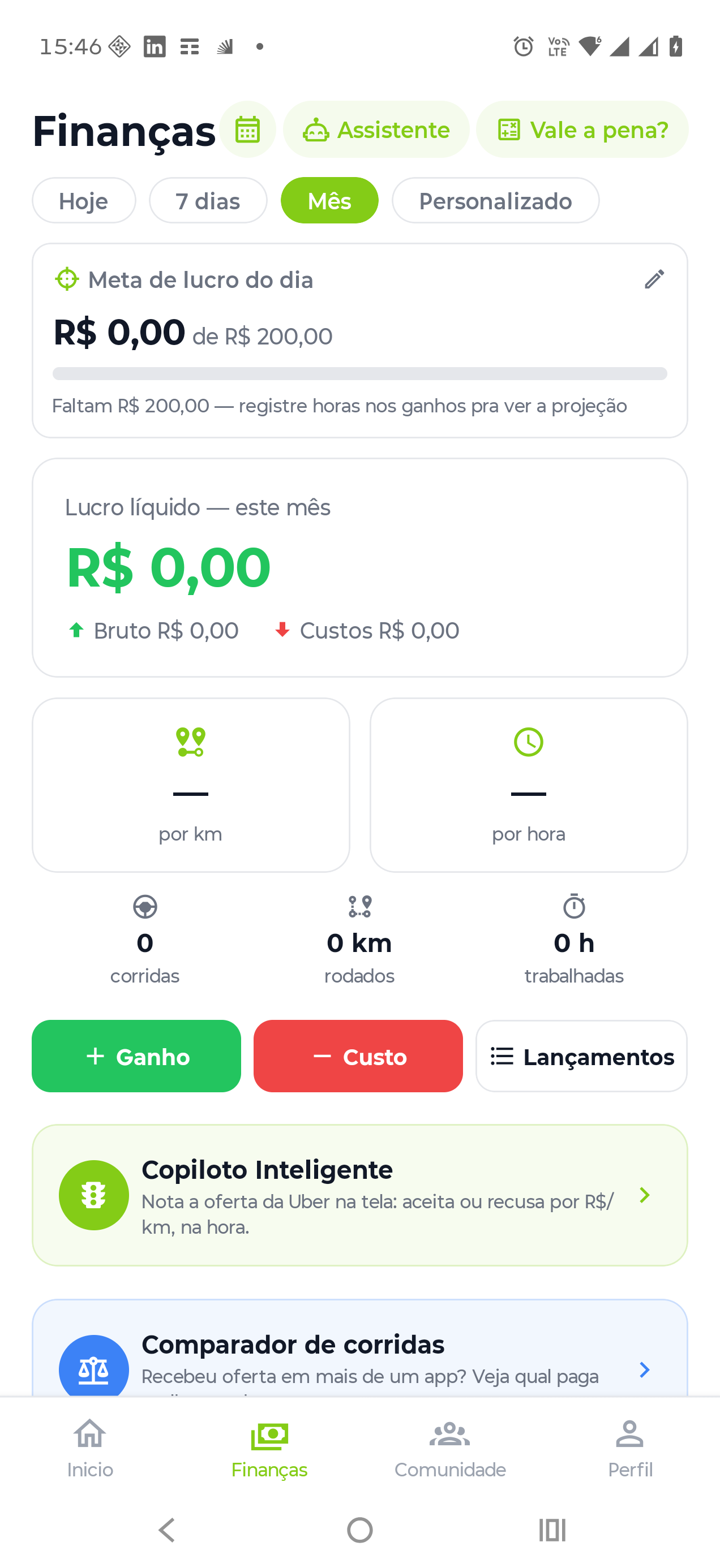 Tela do recurso Controle Financeiro no app Motorista ON