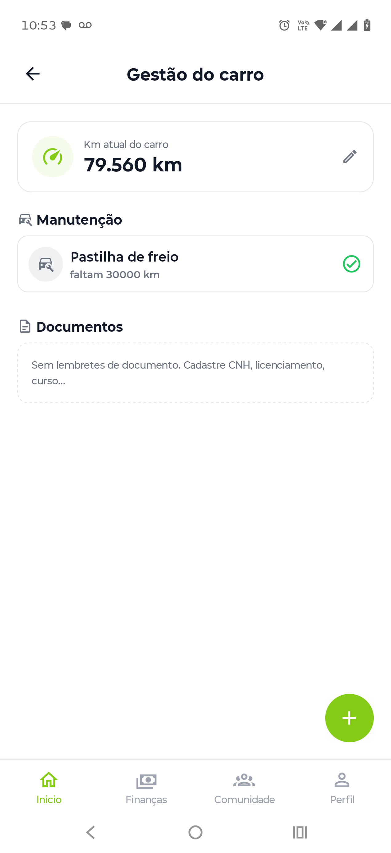 Tela do recurso Gestão do Carro no app Motorista ON
