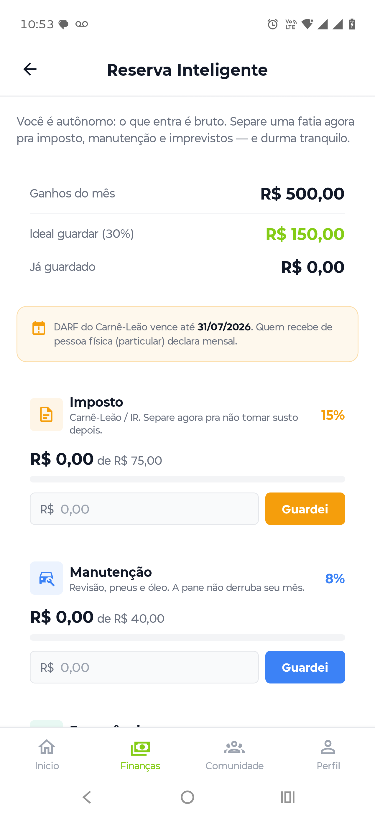 Tela do recurso Reserva Inteligente no app Motorista ON