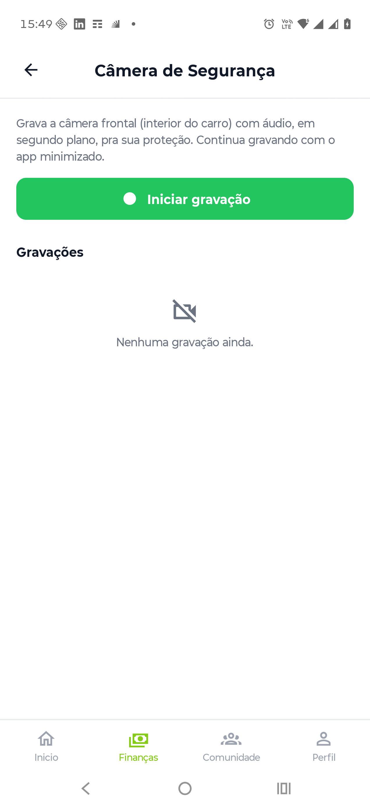 Tela do recurso Câmera de Segurança no app Motorista ON